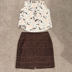 White House Black Market Brown Skirt Size 4 and Sleeveless frilly blouse. Size M